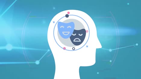 animación de la cabeza con iconos sobre una red de conexiones sobre fondo azul