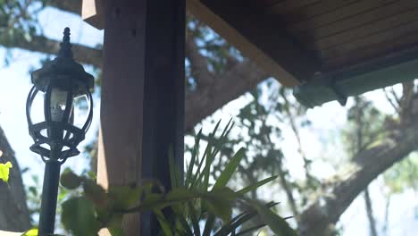 Metal-lantern-under-a-wooden-roof-surrounded-by-trees-and-bushes-next-a-wooden-column