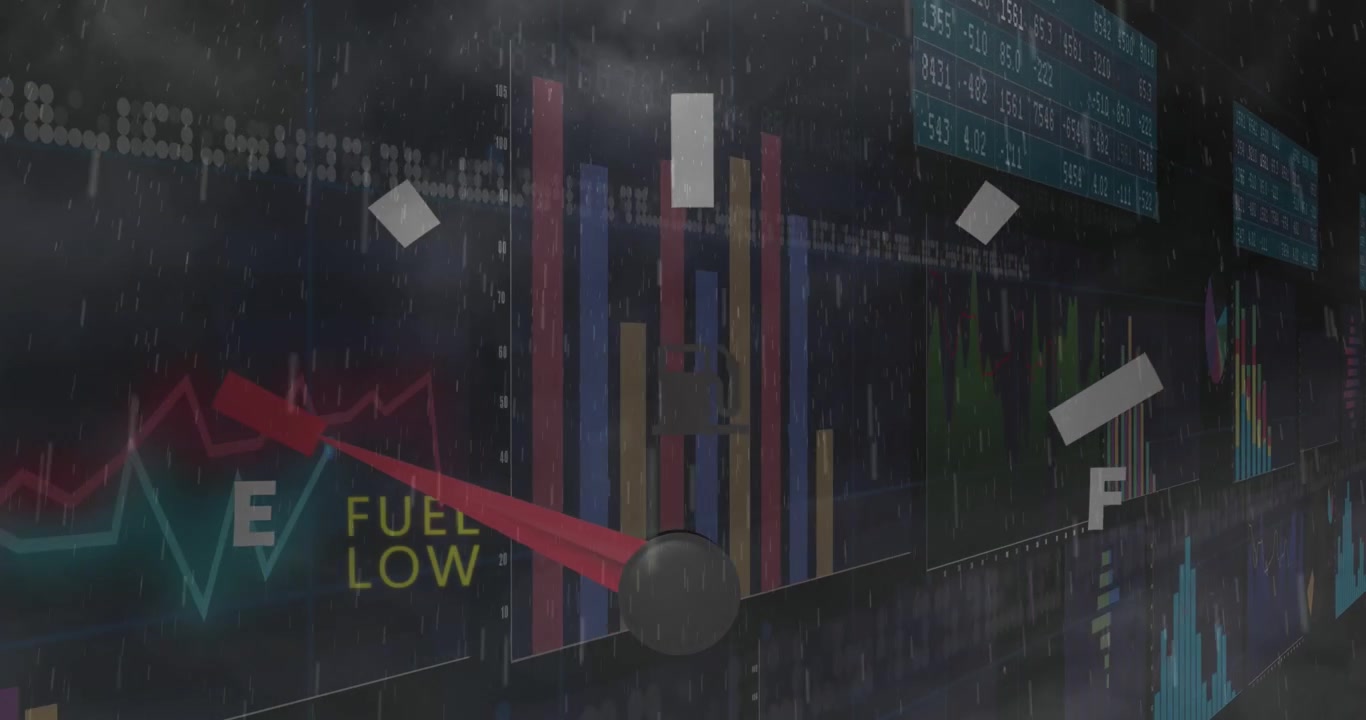 Animation of speedometer and statistical data processing against rain and clouds in the sky