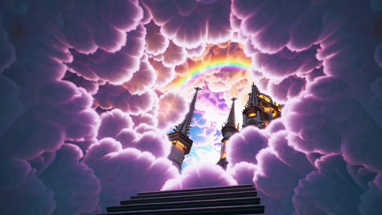 Dramatic low-angle shot of a gothic cathedral with illuminated spires against a vibrant, surreal