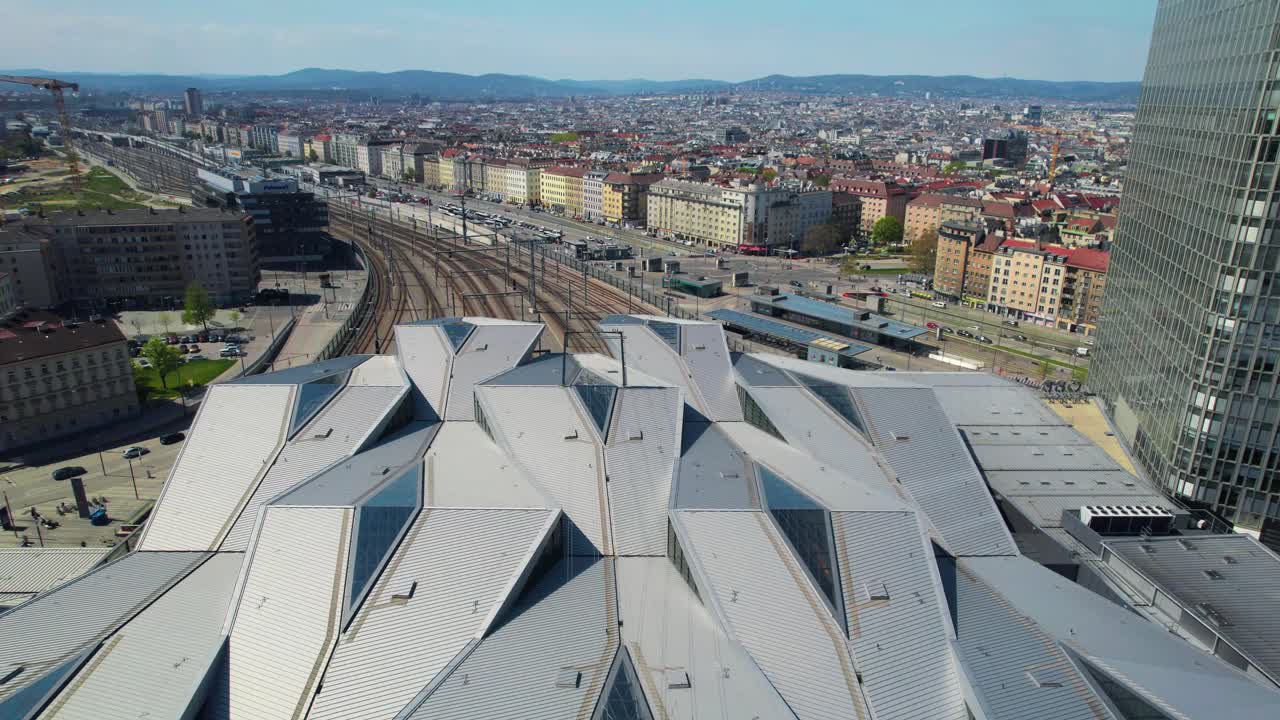 vienna skyline from train station, railroads, Wien hauptbahnhof, flying drone shot