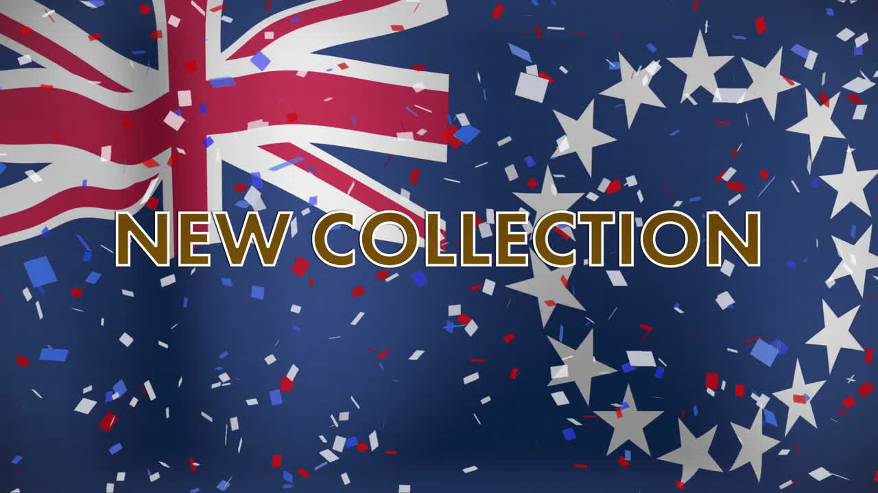 New collection text animation over Australian flag with confetti