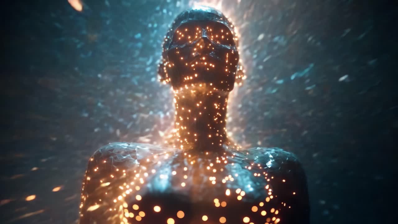 A luminous and abstract representation of a humanoid figure, surrounded by an explosion of sparkling lights, creating a mesmerizing interplay of form and illumination