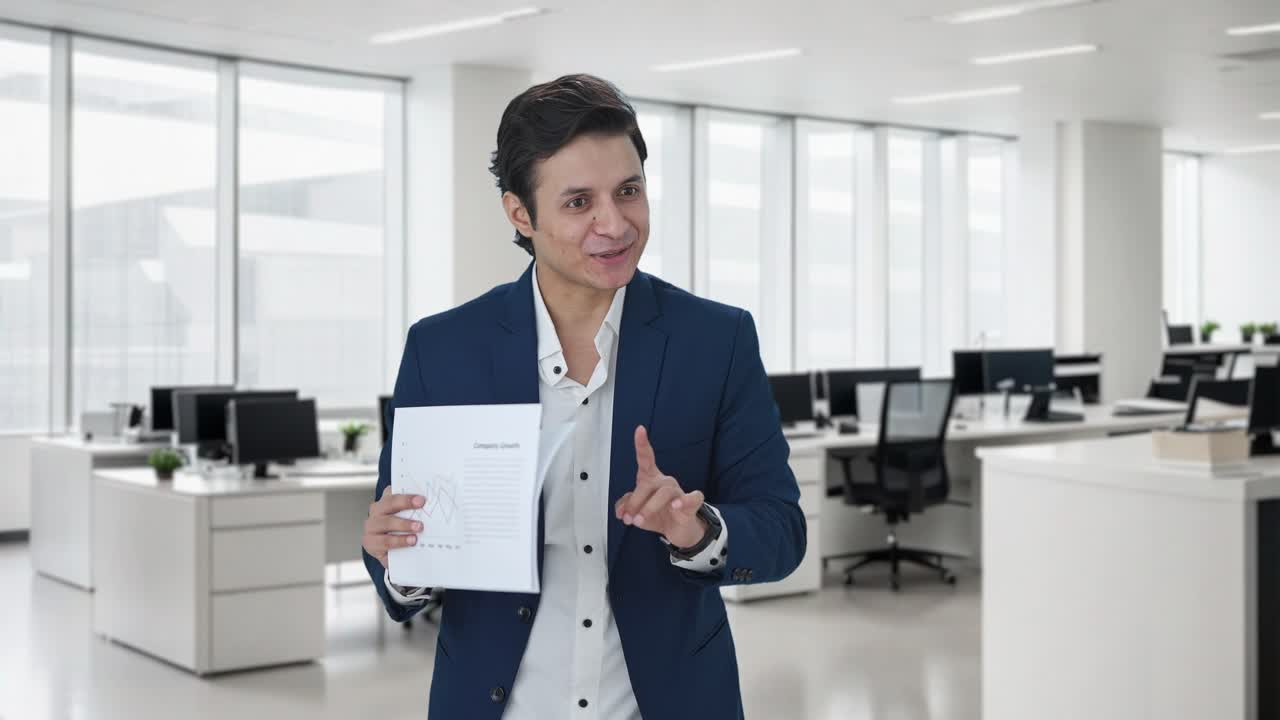 gerente indio feliz discutiendo informes en la reunión