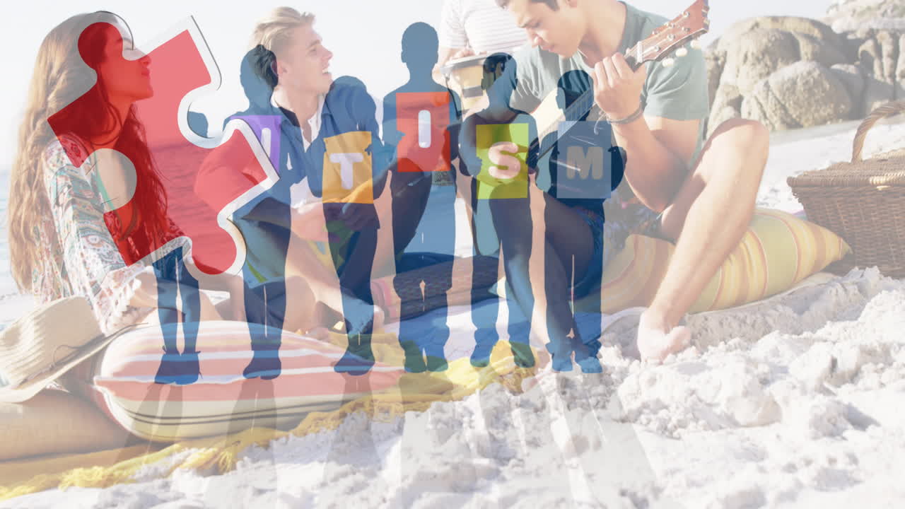 여름 해변 파티에서 행복한 친구들 위에 다채로운 퍼즐 조각과 자폐증 텍스트의 애니메이션