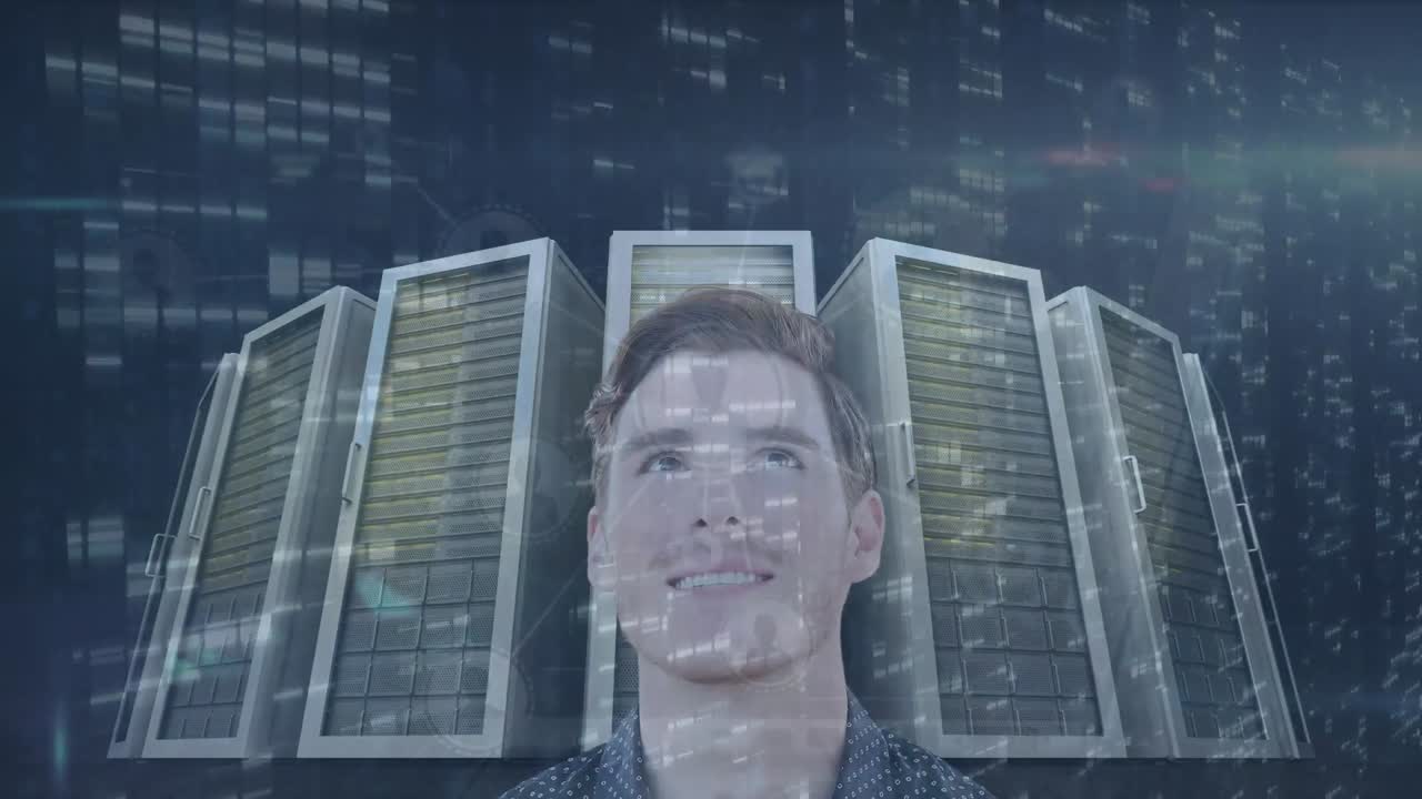 Animation of data processing over businessman in server room