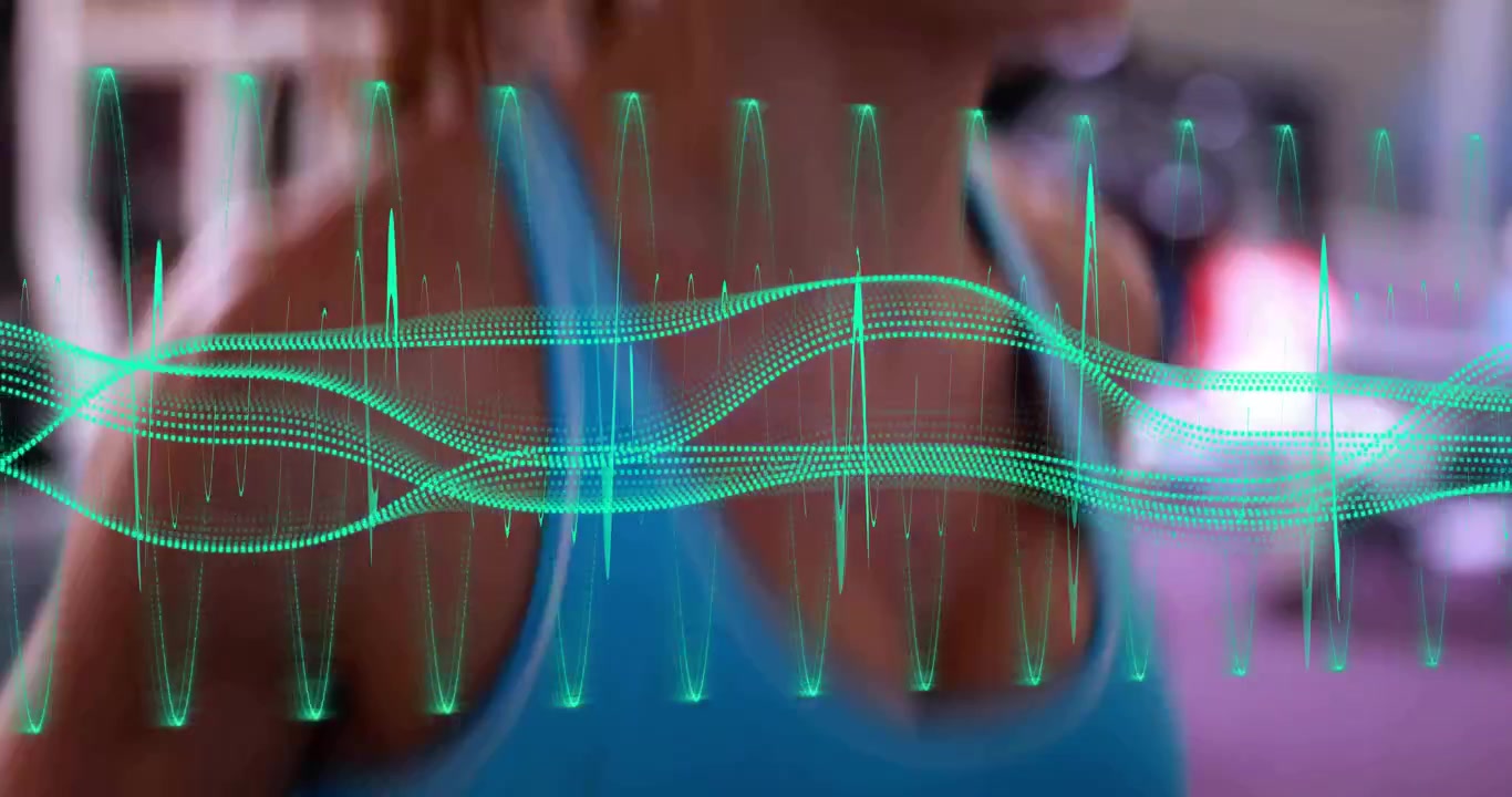 woman lifting weights in gym interior, showcasing neon green waveform tracking fitness data