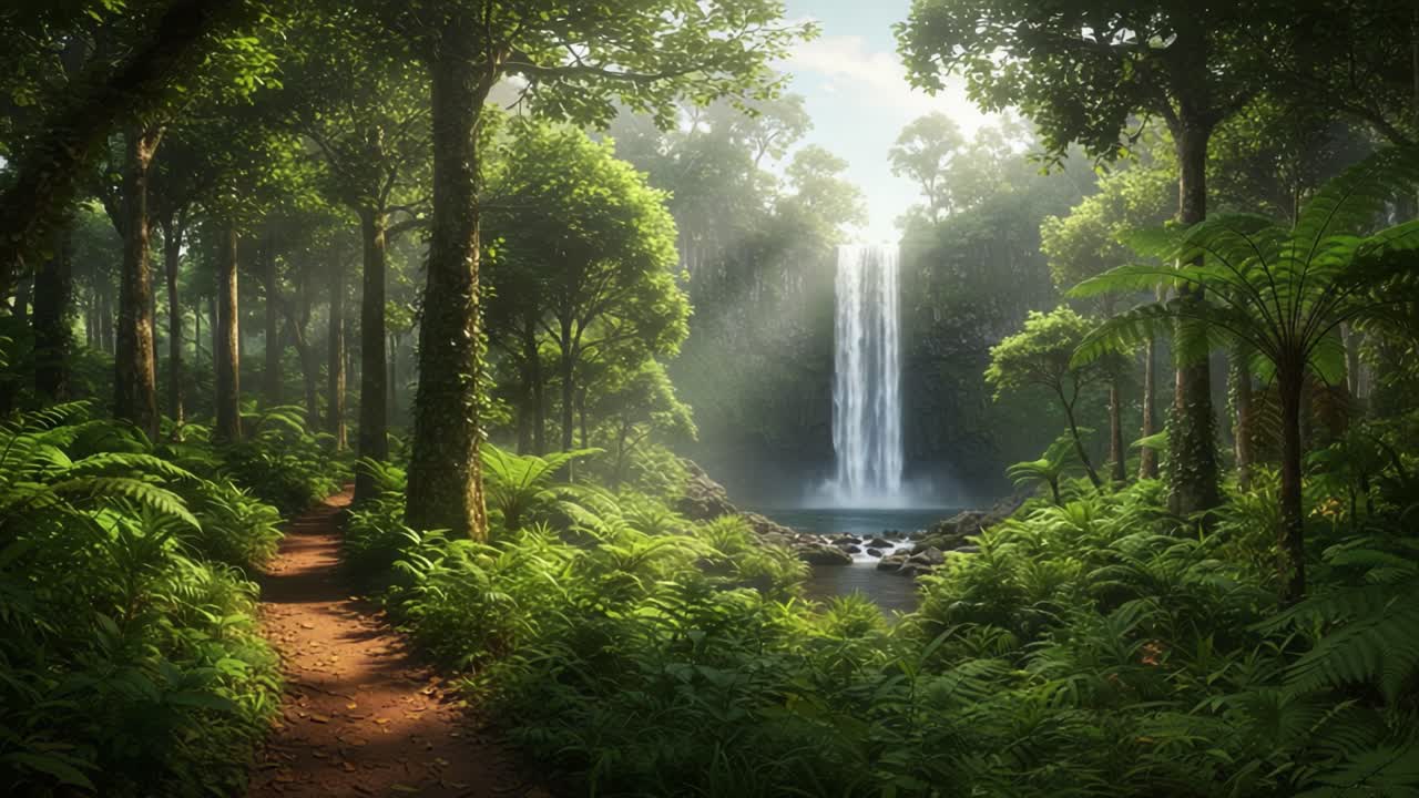 A Serene Journey Through a Lush Forest with a Majestic Waterfall Cascading into a Tranquil Pool Surrounded by Vibrant Greenery and Sunlight Filtering Through the Tree Canopy