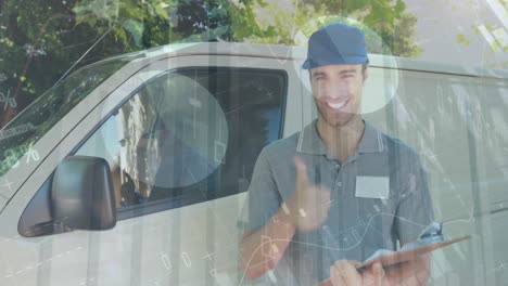 Statistical-data-processing-against-portrait-of-caucasian-delivery-man-with-clipboard-smiling