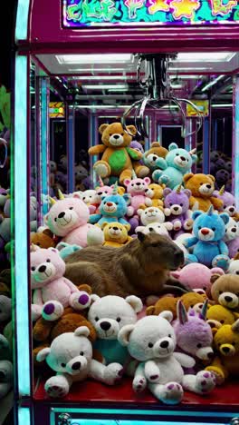 capybara in a gumball machine filled with stuffed animals