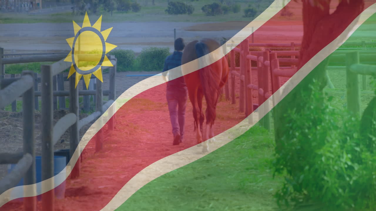Walking with horse, person in rural area with Namibian flag animation overlay