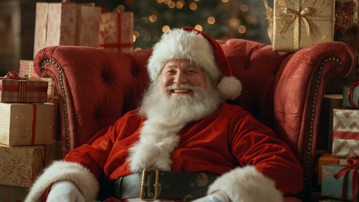 Leaning on opening to engage viewer Santa-clad man pressing gloved hands on red armchair with gifts