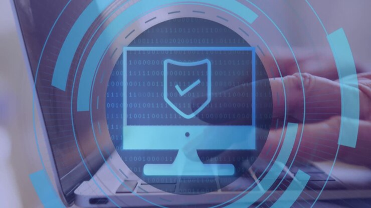 Animation of screen with digital padlock in circles over hands of senior caucasian man with laptop