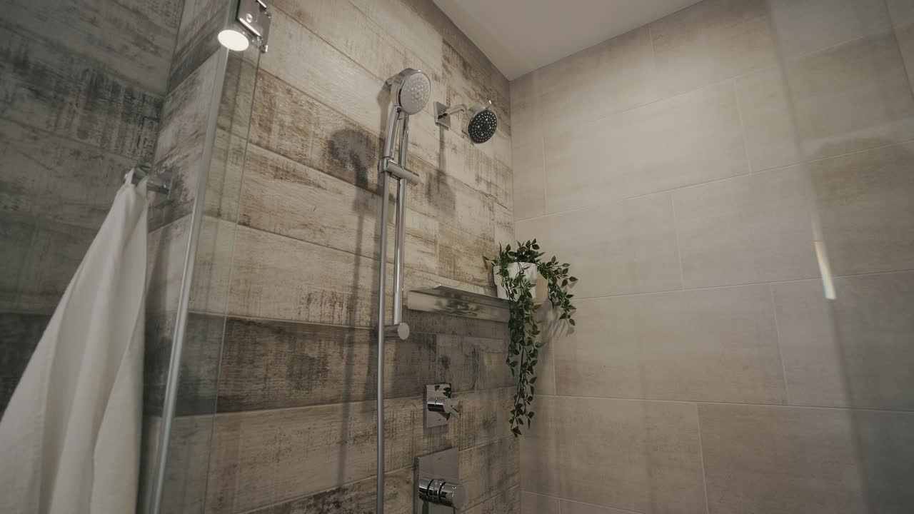 doccia da bagno moderna con decorazione arbusto verde