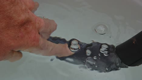 close up of air bubble rising from a punctured bicycle tire in a bucket of water