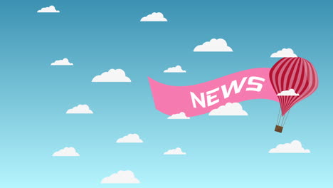Cartoon-Hot-Air-Balloon-Flying-Blue-Cloudy-Sky-With-Pink-Banner-News