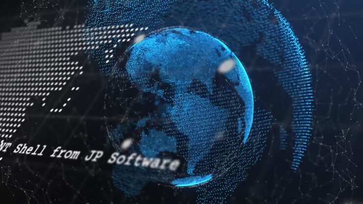 Animation of data processing, world map, network of connections over globe against blue background