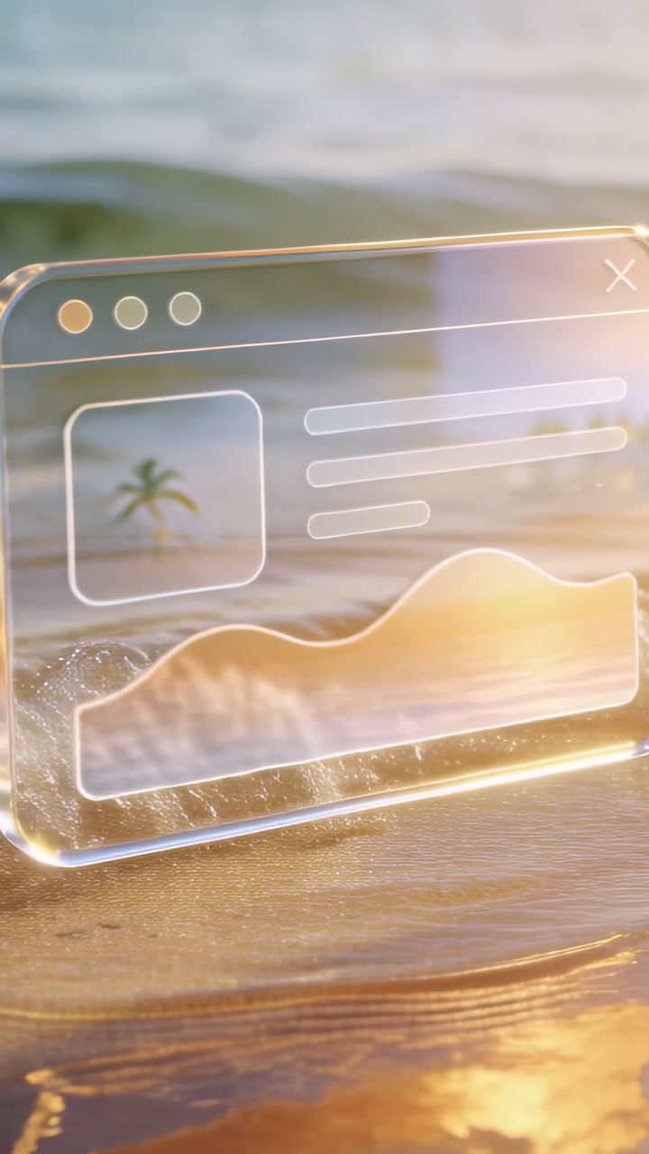 Vertical video: Tilting glass UI card over beach, waves and sun causing glow on palm icon and chart