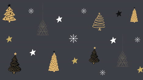 animación de árboles de navidad y copos de nieve en fondo gris ahora