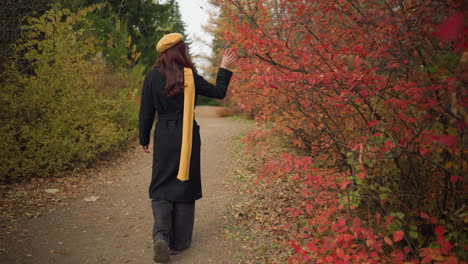 lady in yellow beret and muffler gently touches vibrant red autumn leaves while walking along a scenic forest path, capturing the essence of fall