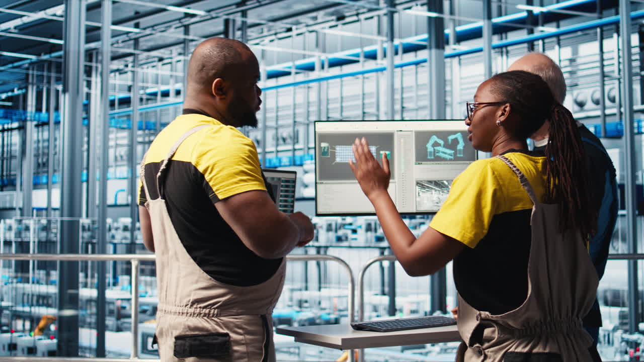 Smart photovoltaics factory staff members brainstorming