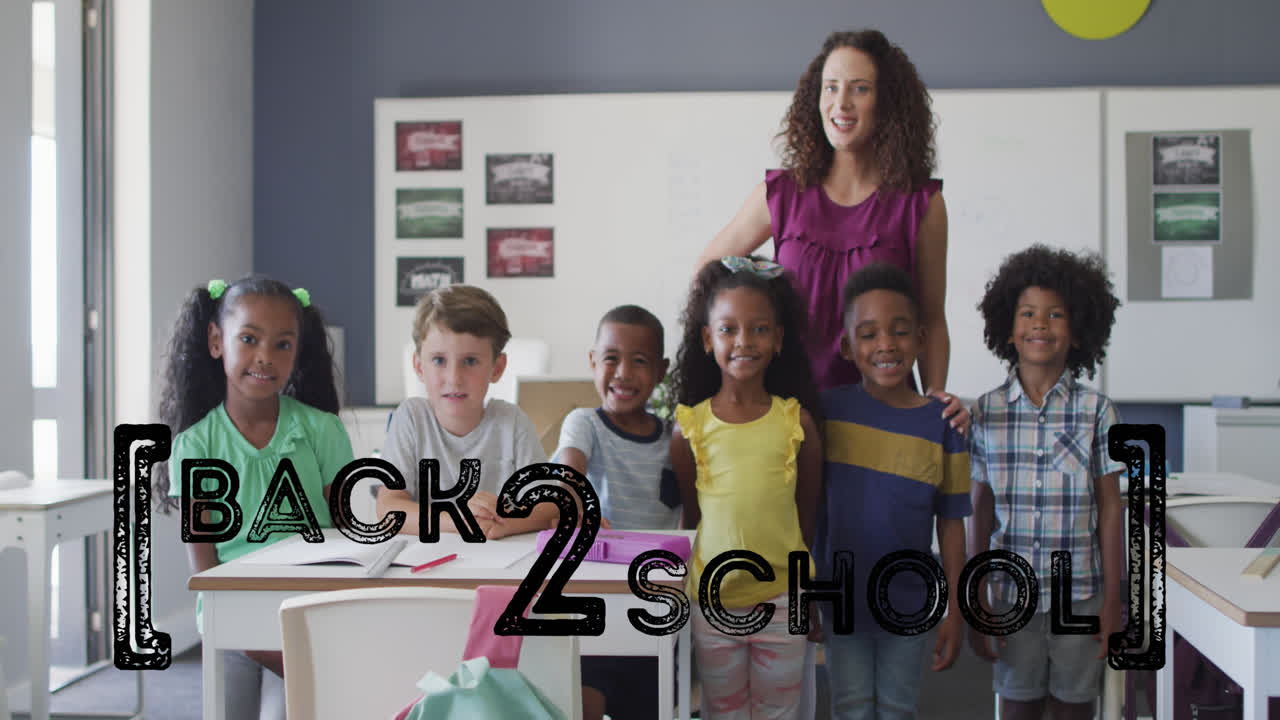 Animation of back to school text over biracial female teacher and diverse school kids at school