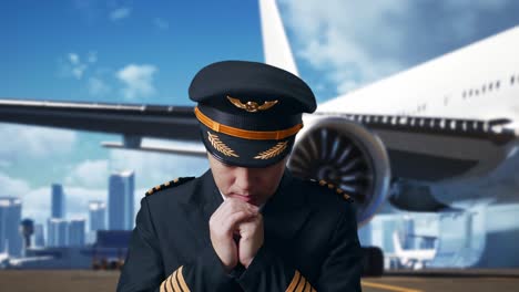 close up of asian man pilot praying for something while standing in airfield with airplane on background