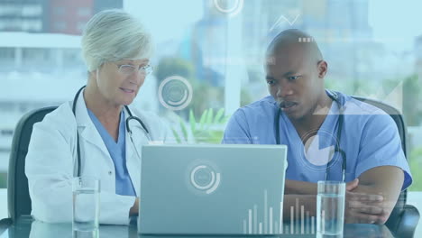 animation of data processing over diverse doctors with laptop