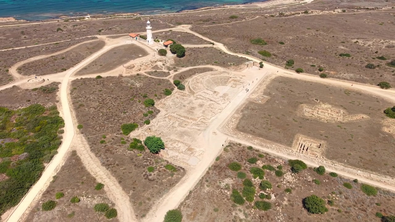 Parco archeologico di Paphos, Cipro. Vista aerea con drone dei resti preistorici, sito patrimonio mondiale dell'UNESCO