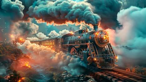A train is traveling through a forest with smoke coming out of the engine. The train is surrounded by trees and the sky is cloudy. Scene is mysterious and adventurous