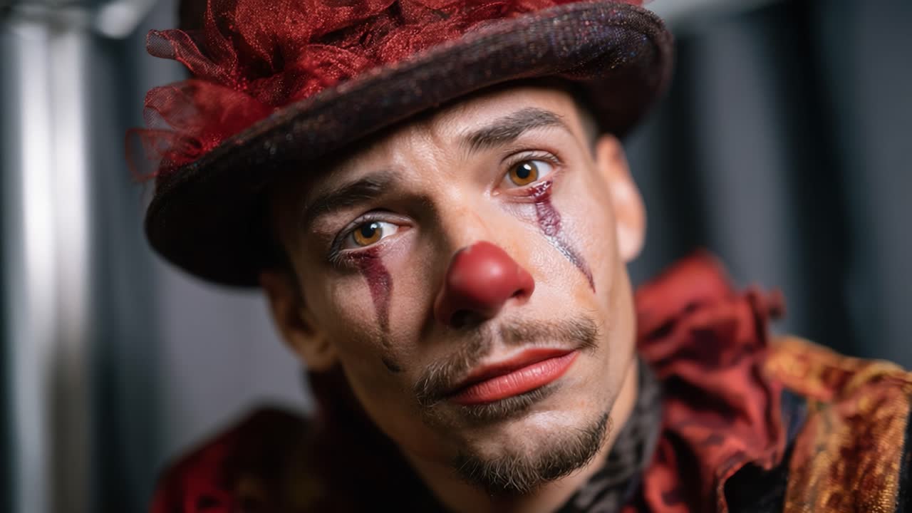 Emotioneel clownportret: de diepte en complexiteit vastleggen achter het gezicht van een circusartiest, met tranen en een oprechte uitdrukking in een dramatische setting