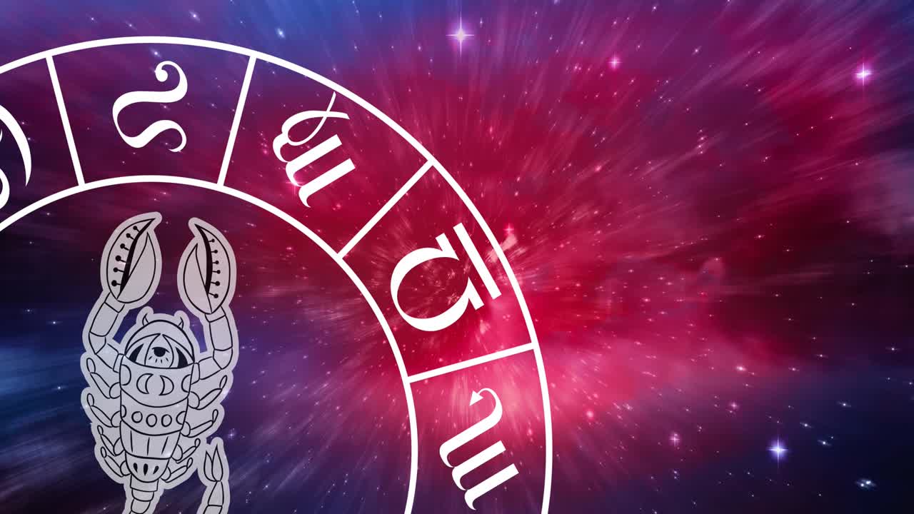 반 ⁇ 이는 별 위에서 회전하는 별자리 바 ⁇ 에서 스코르피오 별자리 기호의 애니메이션