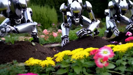 robots plantando semillas en un jardín