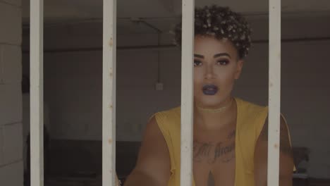 mujer de raza mixta asustada con lápiz labial oscuro y tatuajes tras las rejas en la celda de la prisión, de cerca, de mano