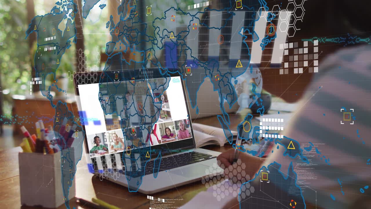 Digital world map and data processing animation over people in virtual meeting