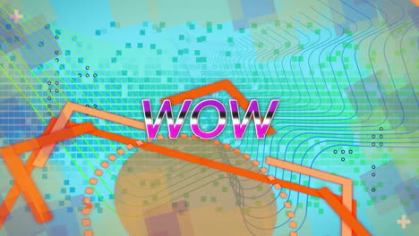 animación de banner de texto wow sobre formas abstractas y cuadrados de mosaico en fondo de gradiente azul