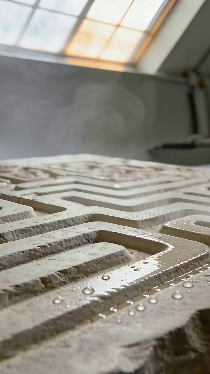 Video verticale: Telecamera che si inclina rivelando scanalature su una lastra scolpita in studio, accentuando le goccioline del lucernario