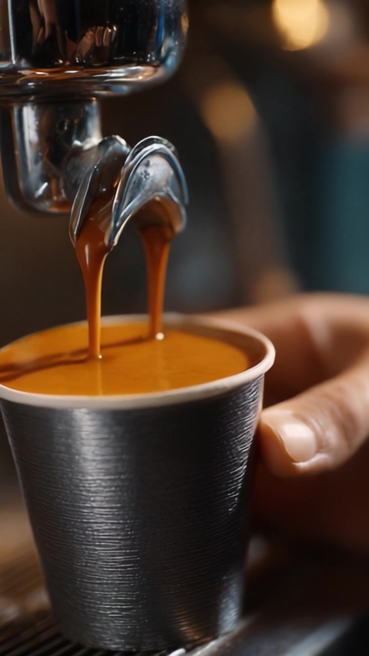 Espresso perfettamente preparato che scorre in una piccola tazza nera, catturando l'essenza dell'arte e dell'artigianato del caffè con ogni goccia.