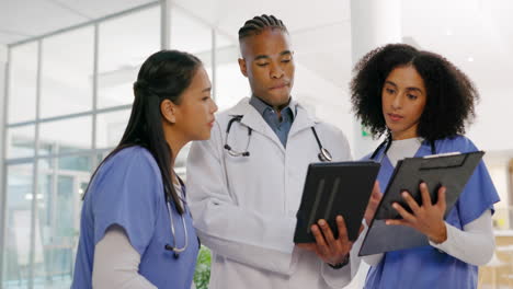 Healthcare,-tablet-and-a-doctor-talking-to-nurses