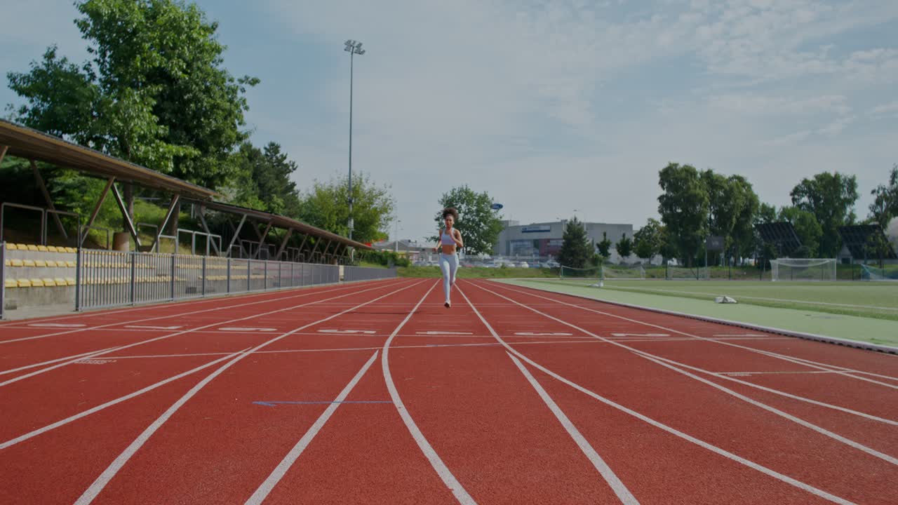 mujer corriendo y descansando en una pista