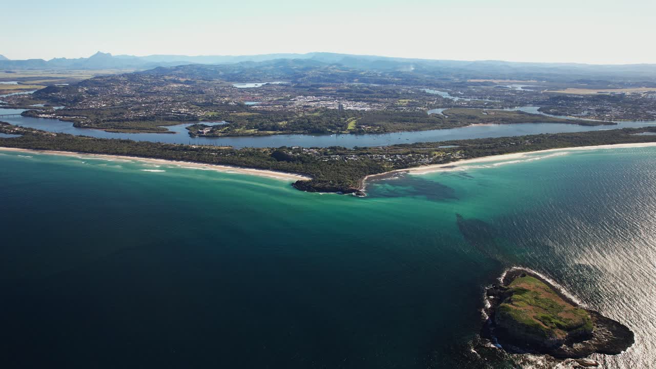 Panoramic View Over Fingal Head With Cook Island In NSW, Australia - Drone Shot