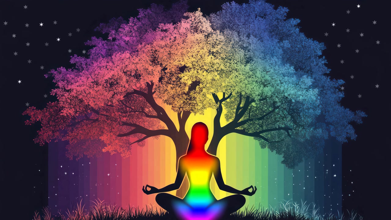 Silhouette di Persona che Medita Sotto un Albero Arcobaleno Colorato