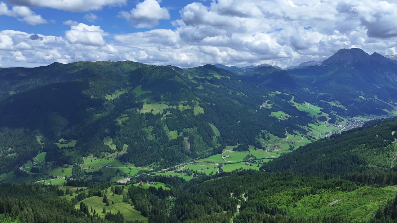 valle verde y exuberante de árboles y hierba debajo del cielo nuboso de verano