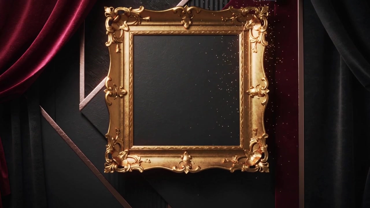 Pulling black drape and burgundy curtain, ornate gilded frame emerging on geometric wall for reveal