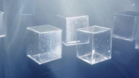 empty glass cubes with condensation float and gently rotate against a serene blue background, creating an abstract visual display