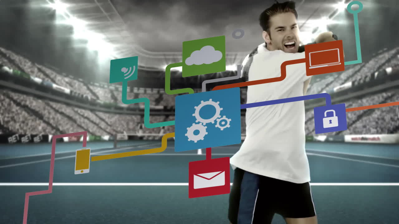 In stadium, tennis player with animation of digital network and technology icons