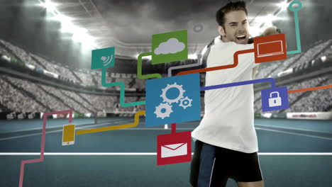 in stadium, tennis player with animation of digital network and technology icons
