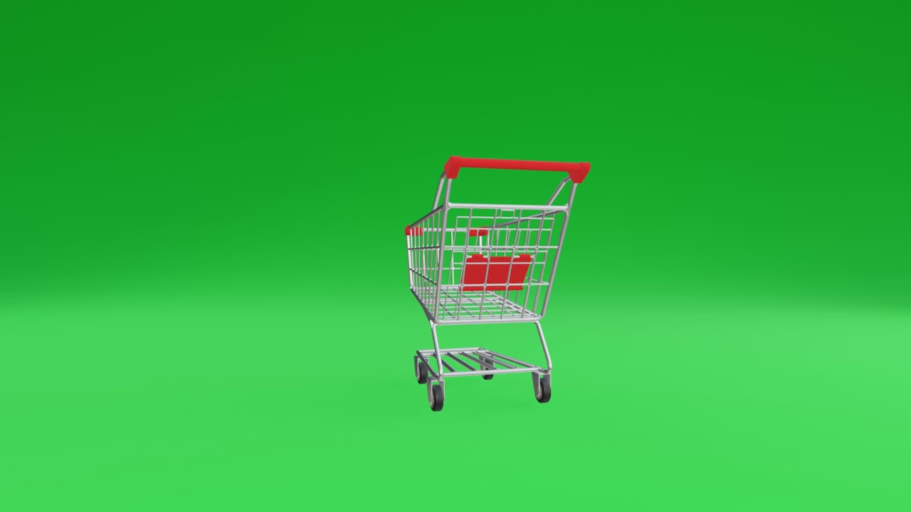 animación 3d de bucle realista de un carrito de compras con una pila completa de caja de paquetes de productos. un carrito del supermercado se mueve girar en pantalla verde en el concepto de comercio de entrega.