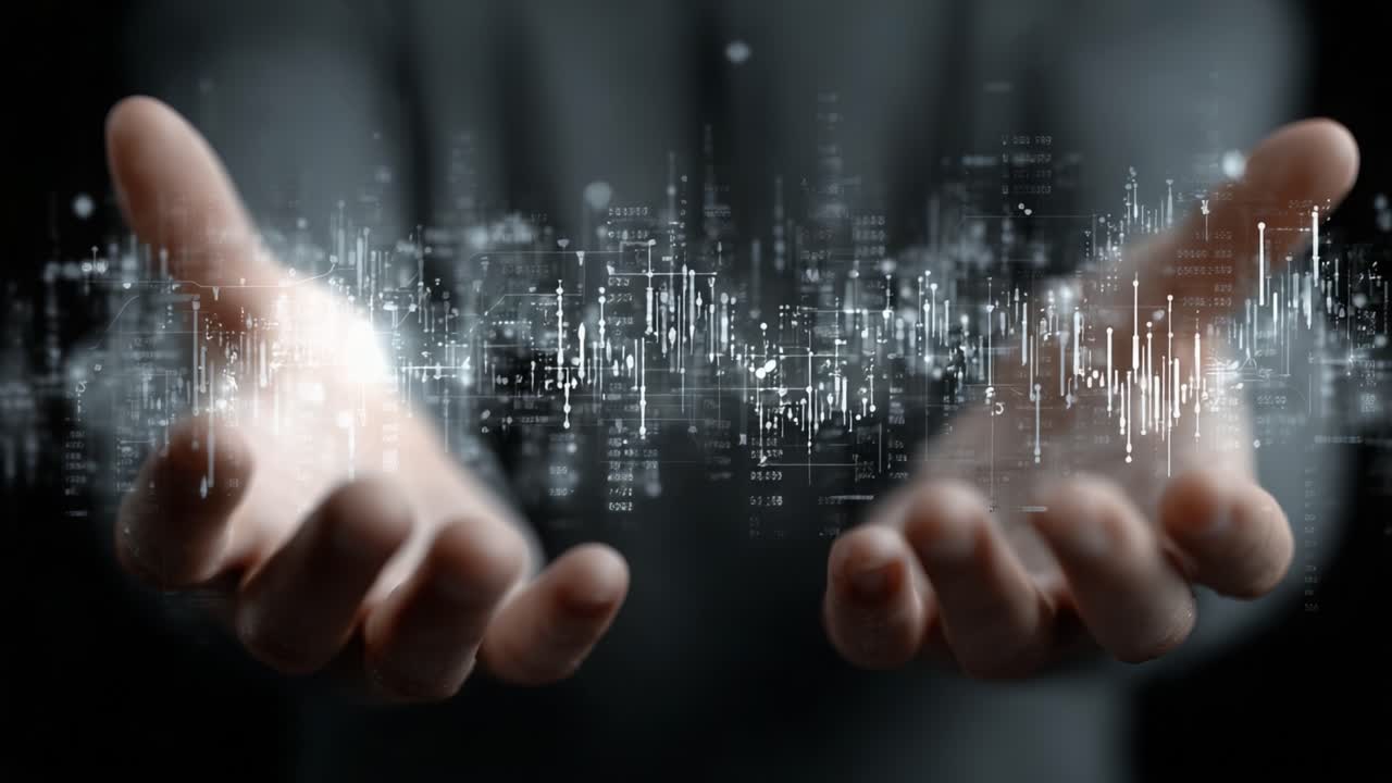 A Visual Representation of Data Flow and Analysis: Hands Extended to Showcase Dynamic Graphs and Metrics in a Digital Space Reflecting Innovation and Technology