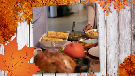 animación de pavo y comida de acción de gracias sobre hojas de otoño de superficie de madera